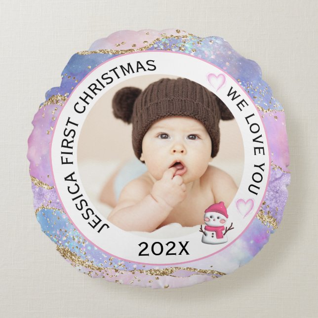 Modern Holographic Baby Girl First Christmas Photo Round Pillow (Front)