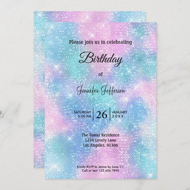 Modern holographic Birthday invitation (Devant / Derrière)