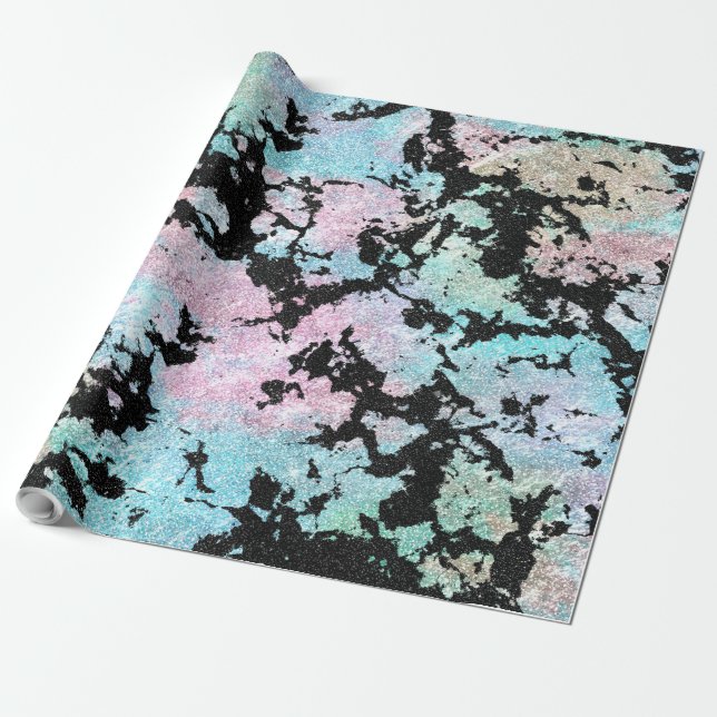 Modern Holographic & Black Glitter Marble Image Wrapping Paper (Unrolled)