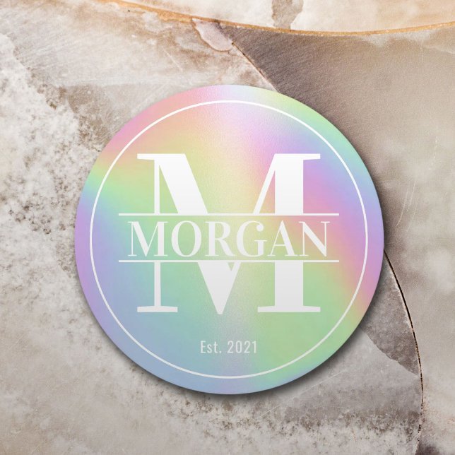 Modern Holographic Custom Family Monogram Name Round Paper Coaster (Creator Uploaded)