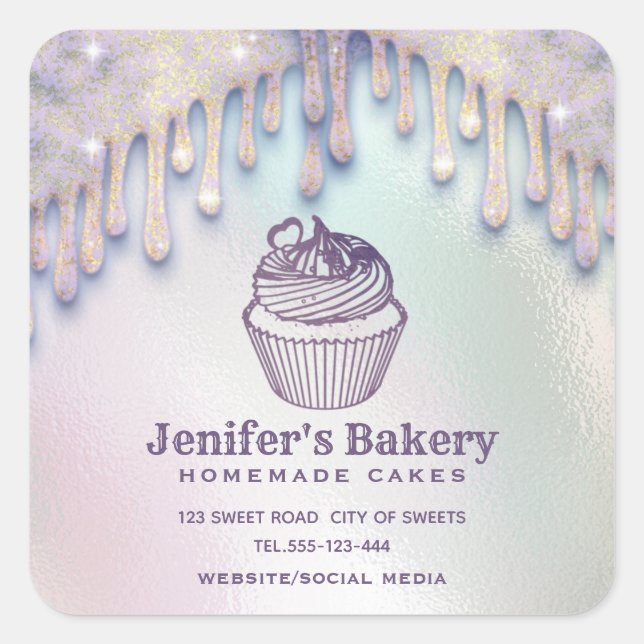 Modern holographic drips cupcake  bakery chef square sticker (Front)