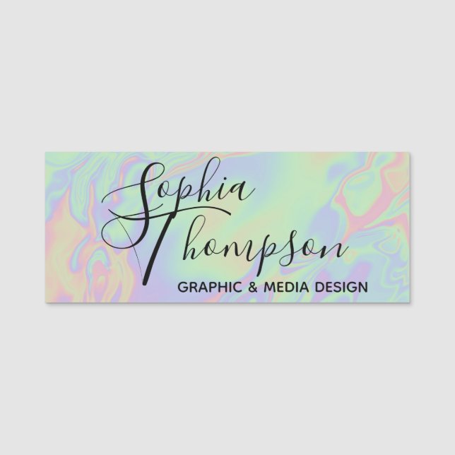 Modern Holographic Effect Script Rainbow Pastel Name Tag (Front)