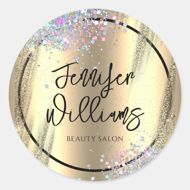 Modern Holographic Glitter Faux Foil Gold Business Classic Round Sticker (Front)