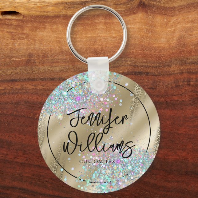 Modern Holographic Glitter Foil Faux Gold Business Keychain (Back)