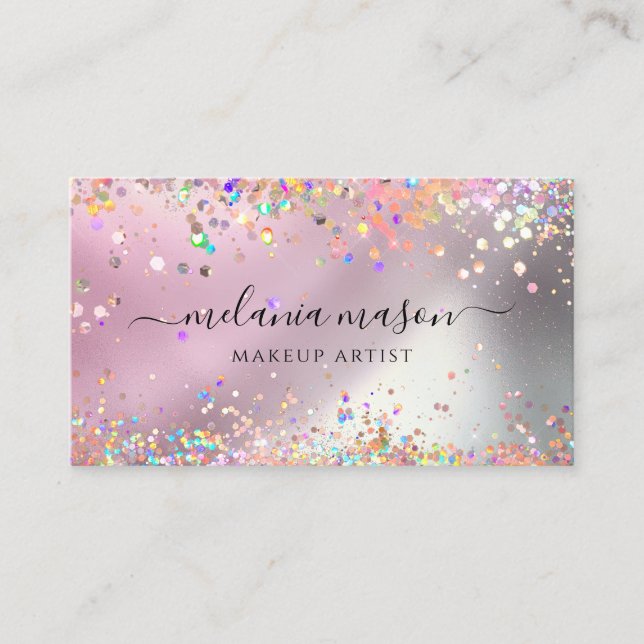 Modern Holographic Glitter Makeup Artist Pink Business Card (Front)