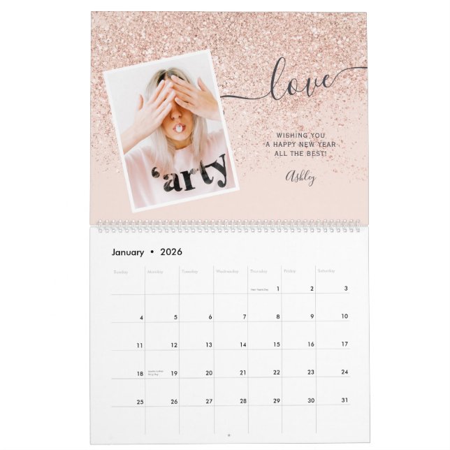 Modern holographic glitter marble 13 photo grid calendar (Jan 2026)