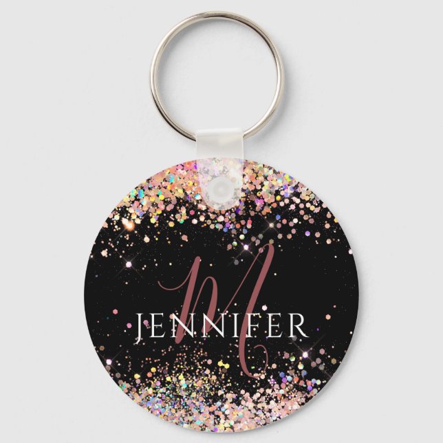 Modern Holographic Glitter Monogram Black Keychain (Front)