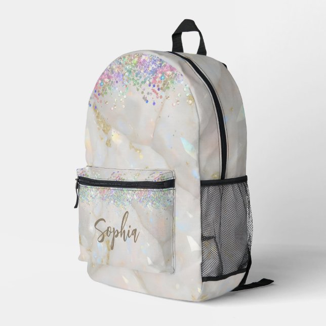 Modern Holographic Glitter Opal Gemstone Marble Printed Backpack (Back Corner Right)