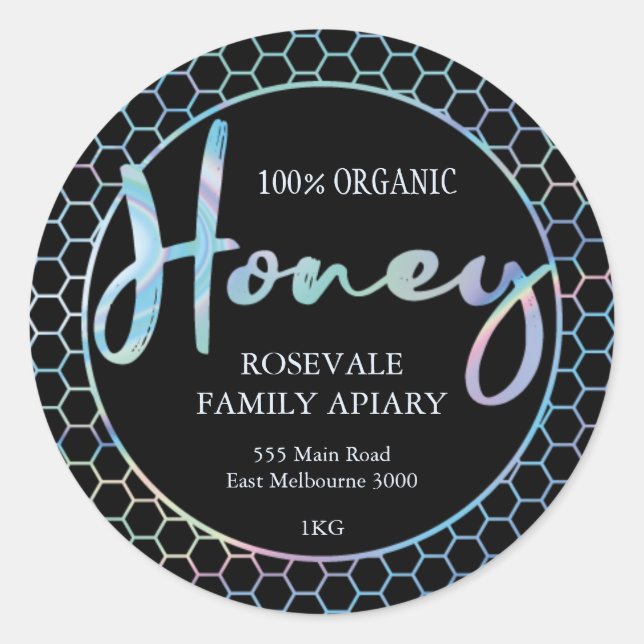 Modern Holographic Honeycomb Honey Apiary Label (Front)