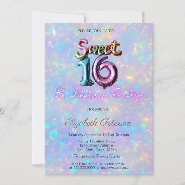 Modern Holographic Iridescent Balloon Sweet 16 Invitation (Front)