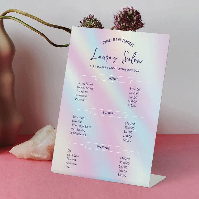 Modern Holographic Nails Beauty Salon Price List Pedestal Sign (Trendy business pricing menu pedestal sign with holographic effect background and modern layout)