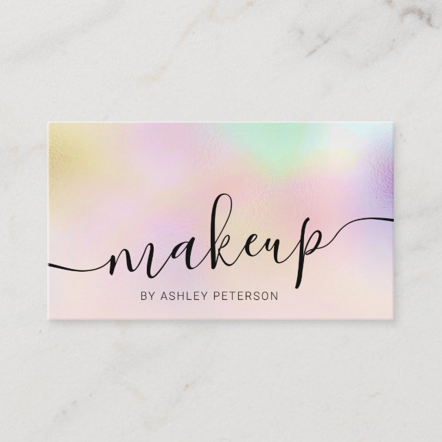 Modern holographic ombre chic girly pink makeup business card (Front)