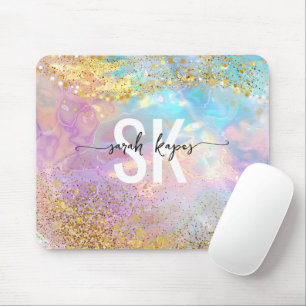 Modern holographic opal stone iridescent monogram  mouse pad