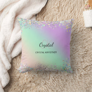 Modern Holographic Pastel Glitter Monogram Throw Pillow