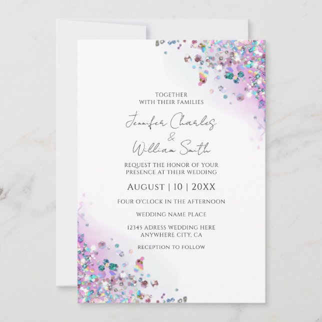Modern Holographic Purple Glitter Sparkles White Invitation (Front)