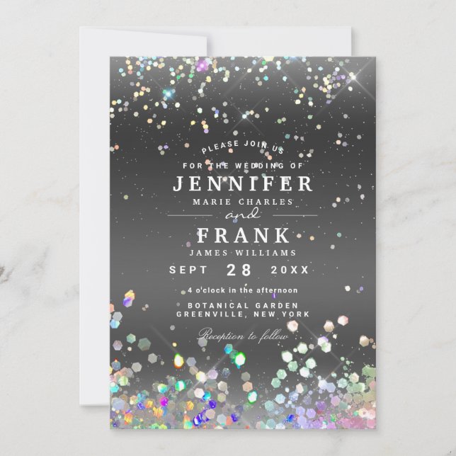 Modern Holographic Sparkly Glitter Black Wedding Invitation (Front)