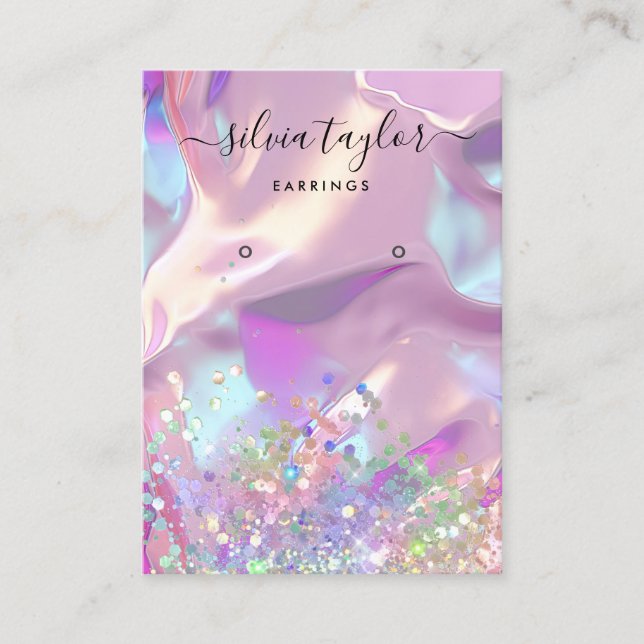 Modern holographic unicorn script earring display  business card (Front)