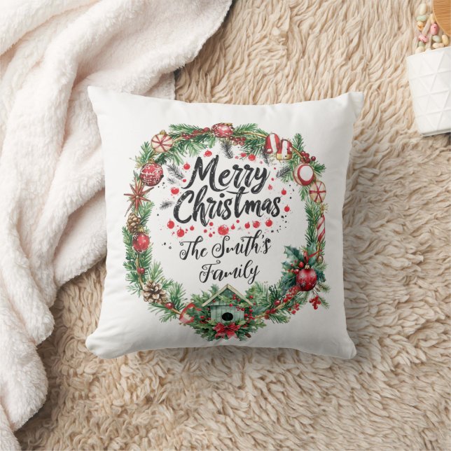 Modern Holy Wreath and Script | Merry Christmas  Throw Pillow (Blanket)
