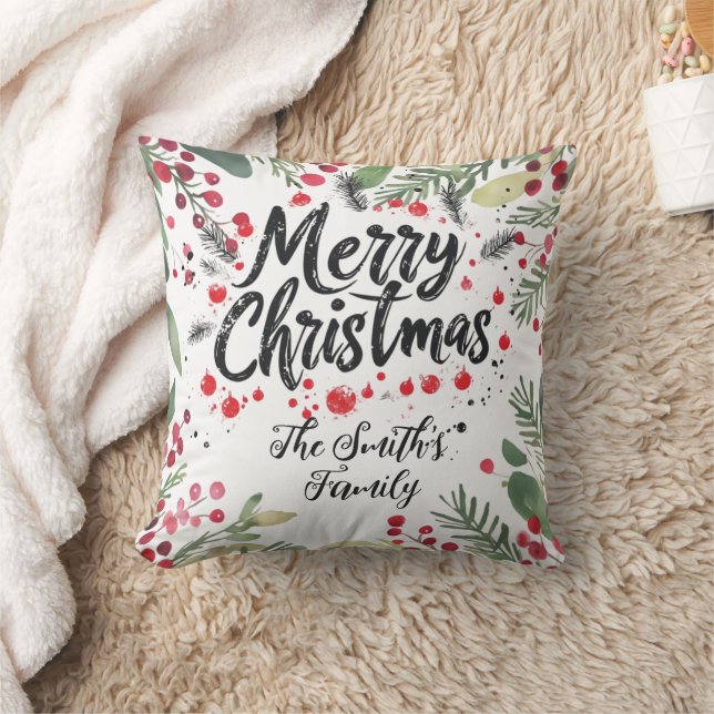 Modern Holy Wreath and Script | Merry Christmas  Throw Pillow (Blanket)