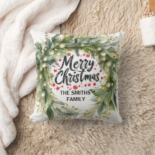 Modern Holy Wreath and Script Merry Christmas Throw Pillow