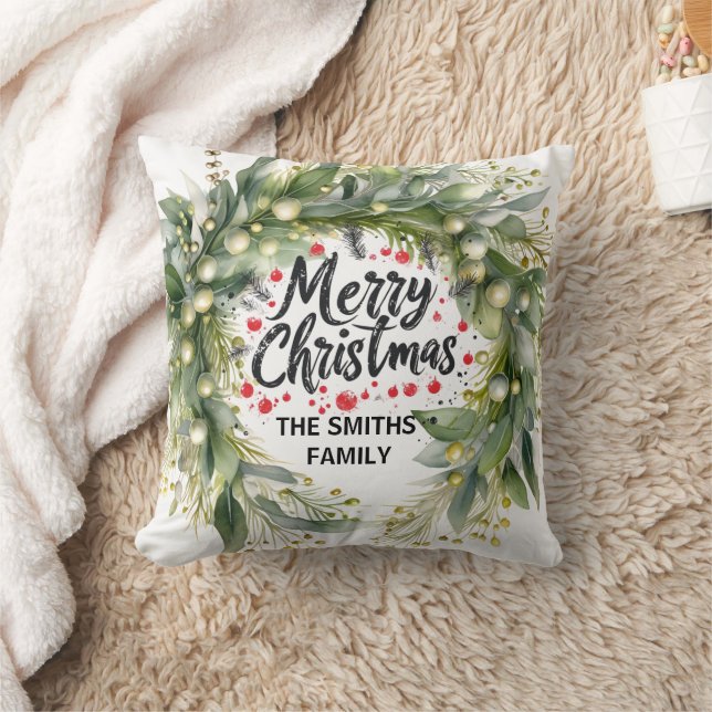 Modern Holy Wreath and Script | Merry Christmas  Throw Pillow (Blanket)