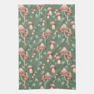 Modern Home Eucalyptus Forest Mushrooms on Green Kitchen Towel