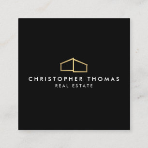 Modern Home Logo Faux Gold on Black Square Business Card