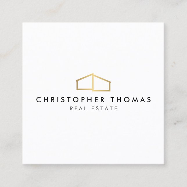 Modern Home Logo Faux Gold on White Square Business Card (Front)