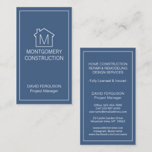 Modern Home Logo Monogram Blueprint Plain Vertical Business Card