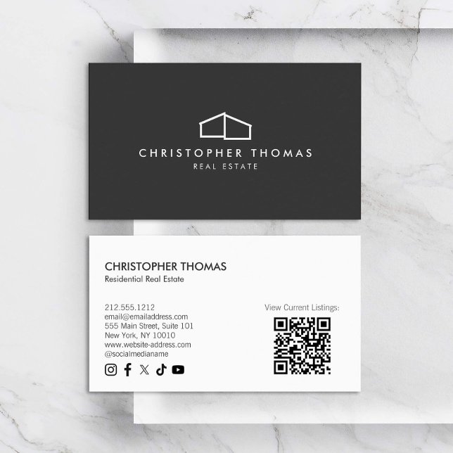 Modern Home Logo Real Estate Dark Grey QR code Business Card (Creator Uploaded)