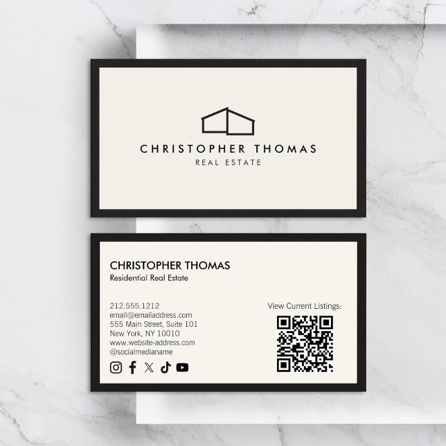 Modern Home Logo Real Estate Ivory/Black QR code Business Card (Creator Uploaded)