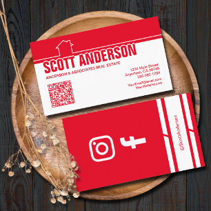 Modern Home Logo Social Media QR Code Red Business Card