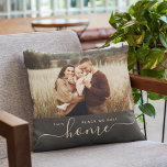 Modern Home Simple Script Photo Charcoal Throw Pillow<br><div class="desc">Score an instant decor upgrade – your couch (and heart) will thank you! This simple, modern photo pillow features your favourite photo, wether it be a family p[ortrait or a cool vacation shot, over trendy script calligraphy with minimalist typography reading THIS PLACE WE CALL HOME. Great Housewarming gift after moving...</div>