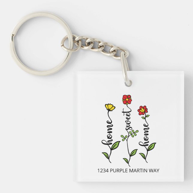 Modern Home Sweet Home New Address Flower Keychain (Front)