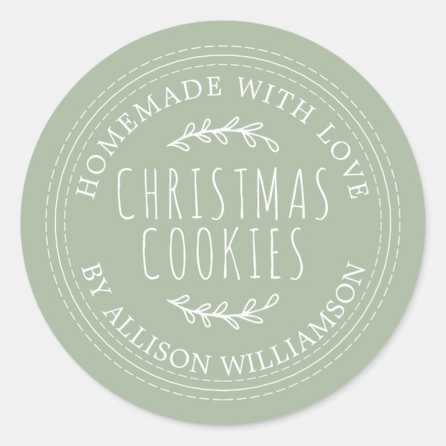 Modern Homemade Christmas Cookies Laurel Green Classic Round Sticker (Front)