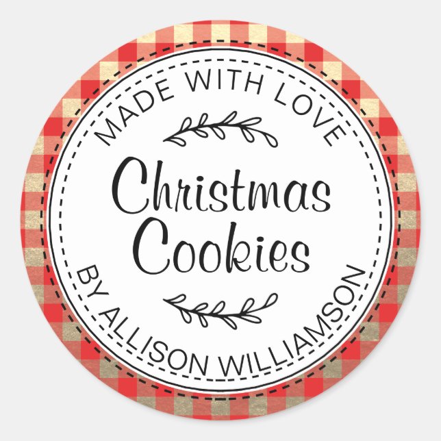 Modern Homemade Christmas Cookies Red Check Gold Classic Round Sticker (Front)