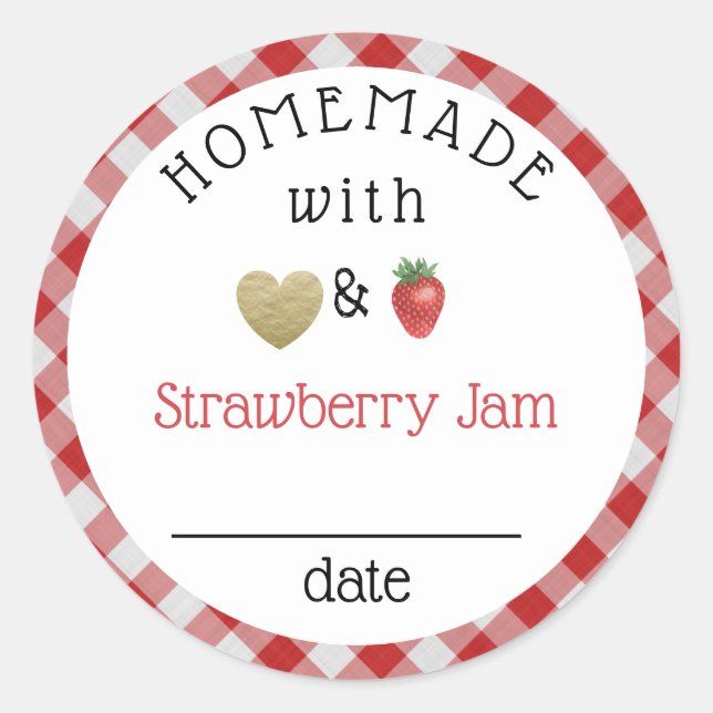 Modern Homemade Strawberry Jam Gingham Classic Round Sticker (Front)