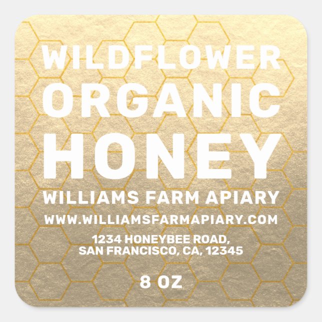 Modern Honey Jar Label Honeybee Apiary Gold (Front)