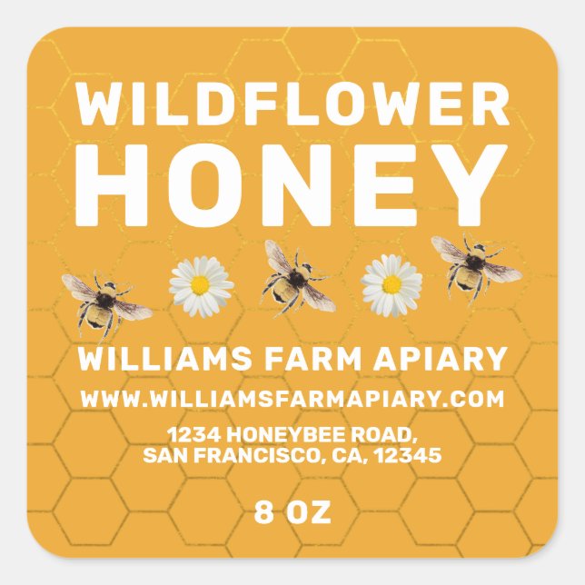 Modern Honey Jar Label Honeybee Apiary Yellow (Front)
