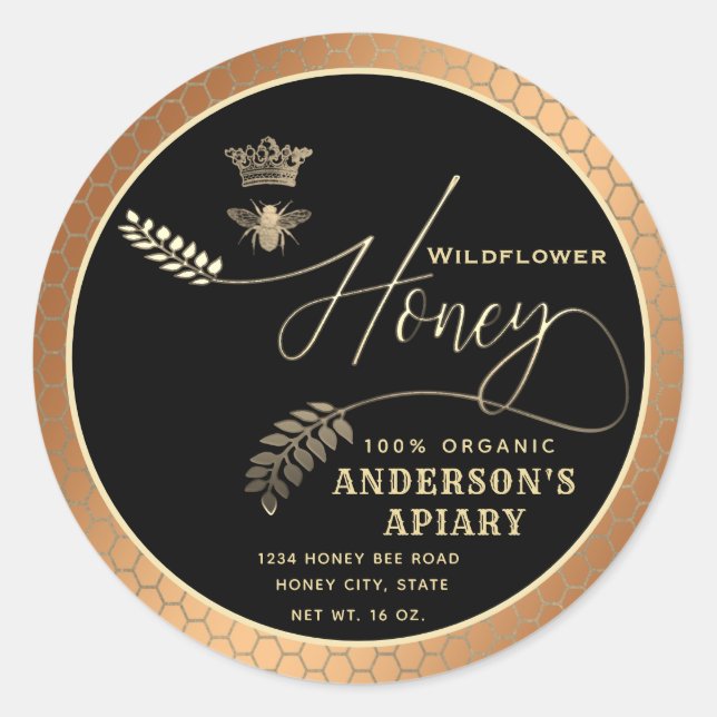 Modern honey jar  script queen bee   classic round sticker (Front)