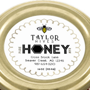 Modern Honey Label with Hexagon Border and Bee