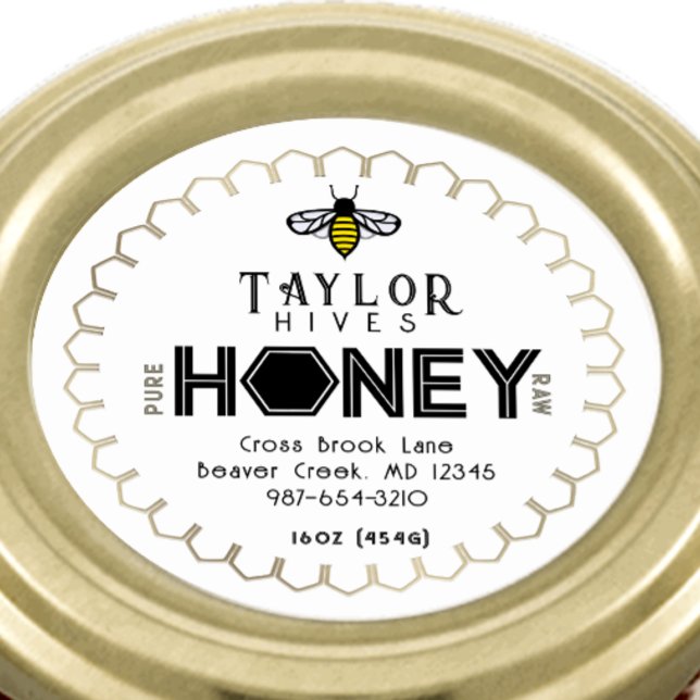 Modern Honey Label with Hexagon Border and Bee (Creator Uploaded)
