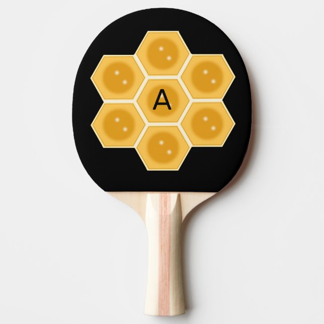 Modern honeycomb and monogram on black ping pong paddle (Front)