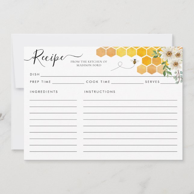Modern Honeycomb Bumblebee Yellow Bee Recipe Card (Front)