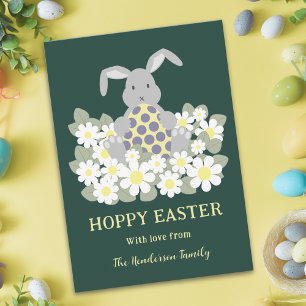 Modern Hoppy Easter Cute Bunny Floral Personalized Holiday Postcard