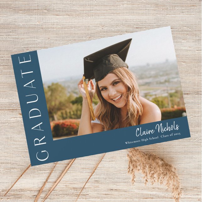 Modern Horizontal Photo Graduation Invitation (Modern Typography Blue Photo Graduation Invitations.)