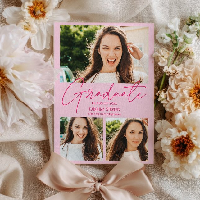 Modern hot pink 3 photos collage graduation announcement (Modern hot pink 3 photos collage graduation announcement)