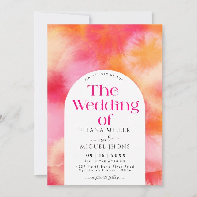 Modern hot Pink and Orange watercolor Wedding  Invitation (Front)