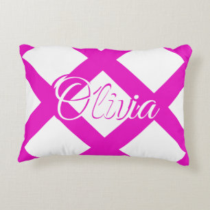 Modern Hot Pink and White, custom Name Accent Pillow