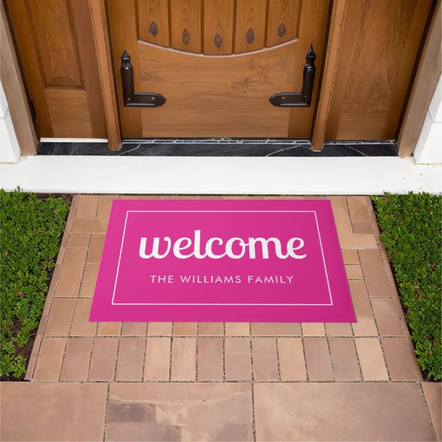 Modern Hot Pink and White Personalized Welcome Doormat (Outdoor)